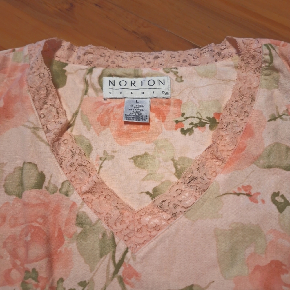 Vtg Norton pink green lace cottage fairy core L linen blend camisole tank top - Picture 3 of 9